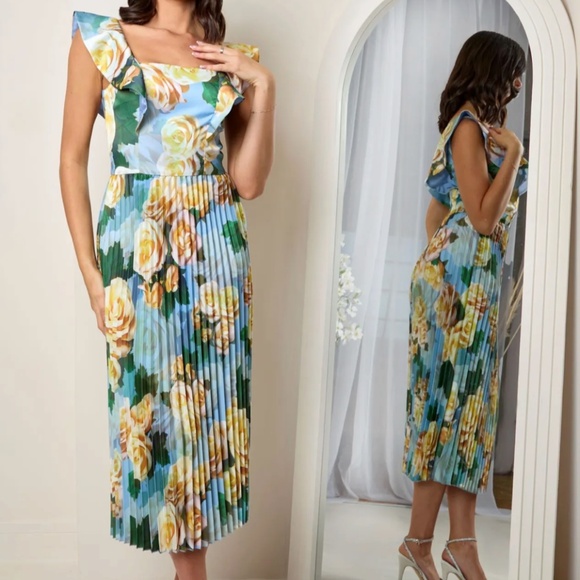 Chi Chi London Floral Print Ruffle Pleated Midi Dress in Blue EUC Sz M (UK 14) - Picture 11 of 11